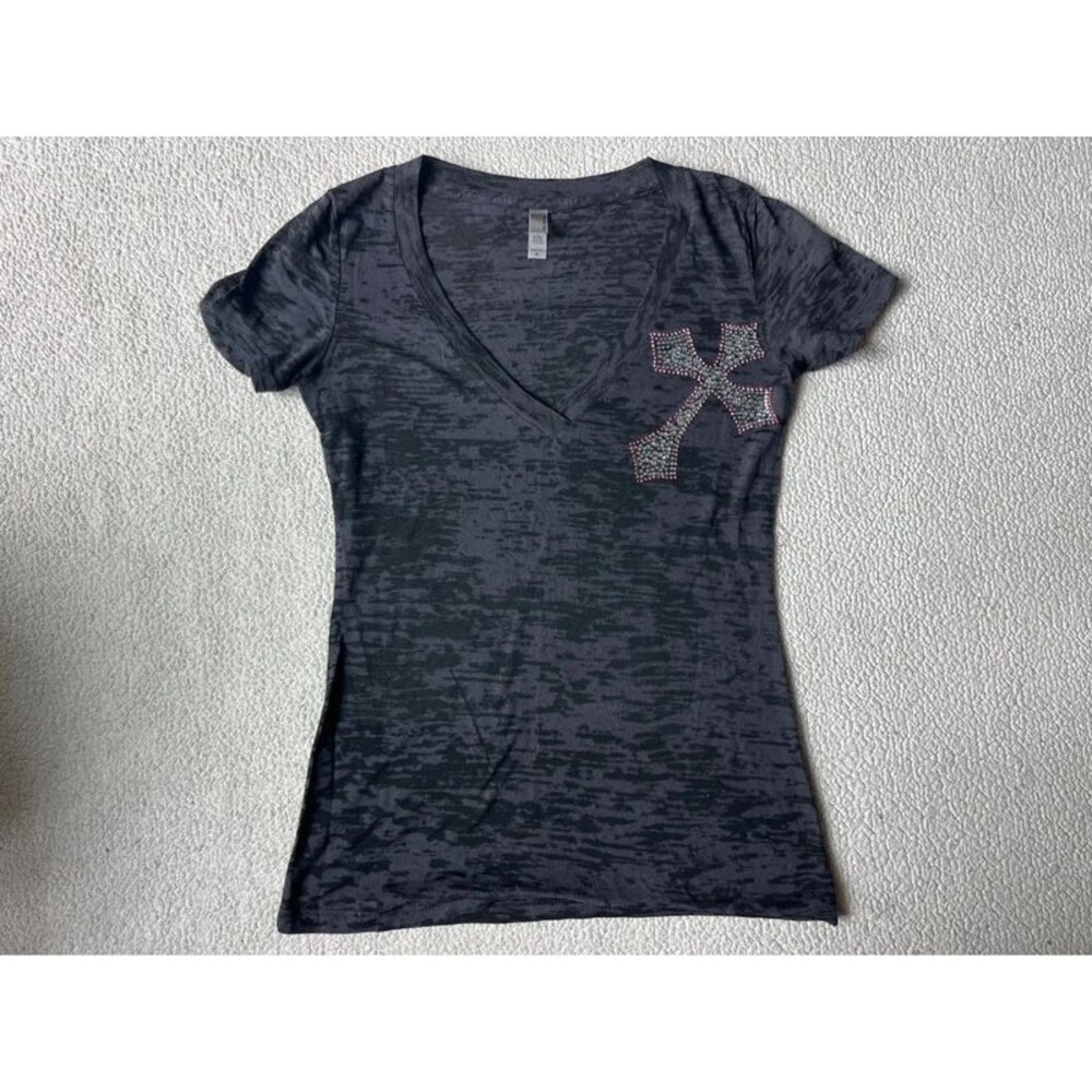Vintage 2000s Next Level Rhinestone Cross Wing Grey Tshirt Womens Medium - Picture 3 of 8